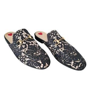Gucci Princetown Horsebit Mule Flat Size 38 US 8 Black Lace Beige Gold Slip On